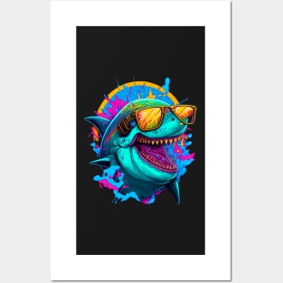 Synthwave/Retrowave neon SHARK with Glasses Posters and Art